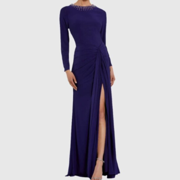 MAC DUGGAL 44069 LONG SLEEVE JERSEY RUCHED BEADED NECK INDIDGO/PURPLE GOWN sz M - Picture 2 of 5